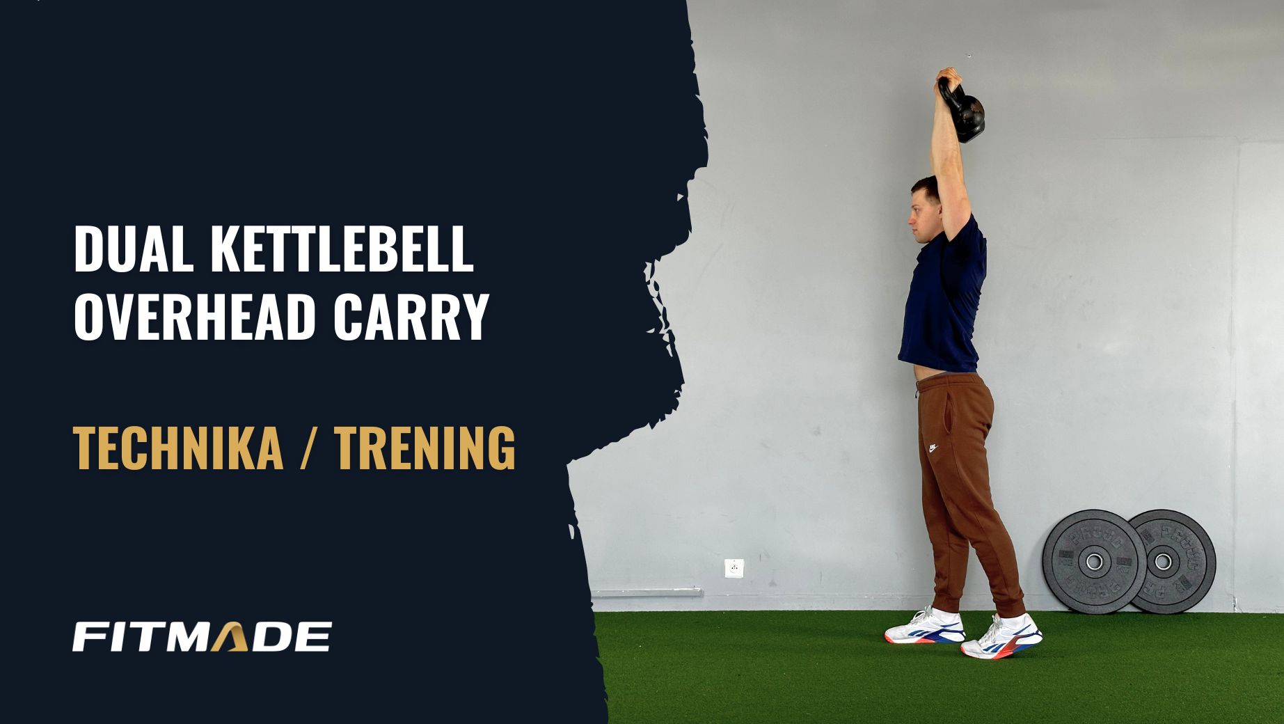 Dual kettlebell overhead carry